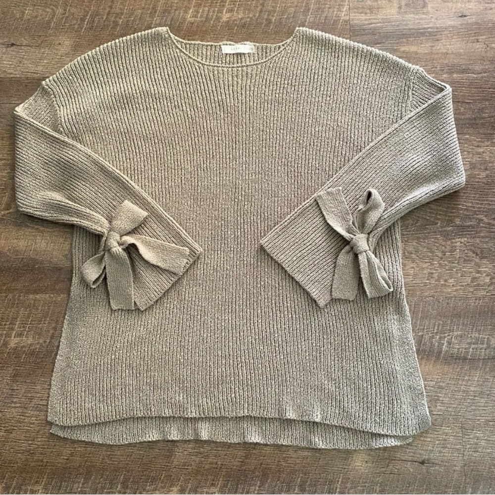 Lush Sweater Ribbed Slouchy Tie Sleeve Hi Lo Taupe Boho